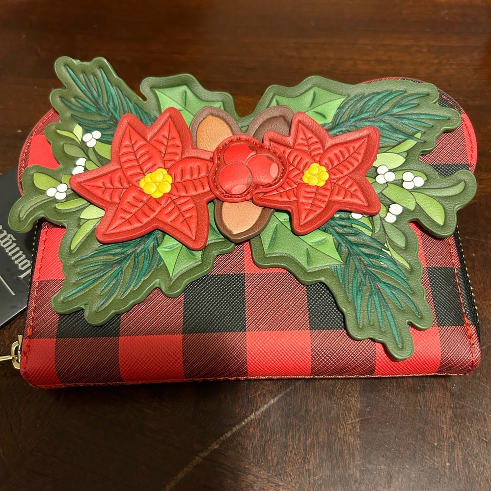 Loungefly Disney Plaid Poinsettia Zip Wallet New With Tags
